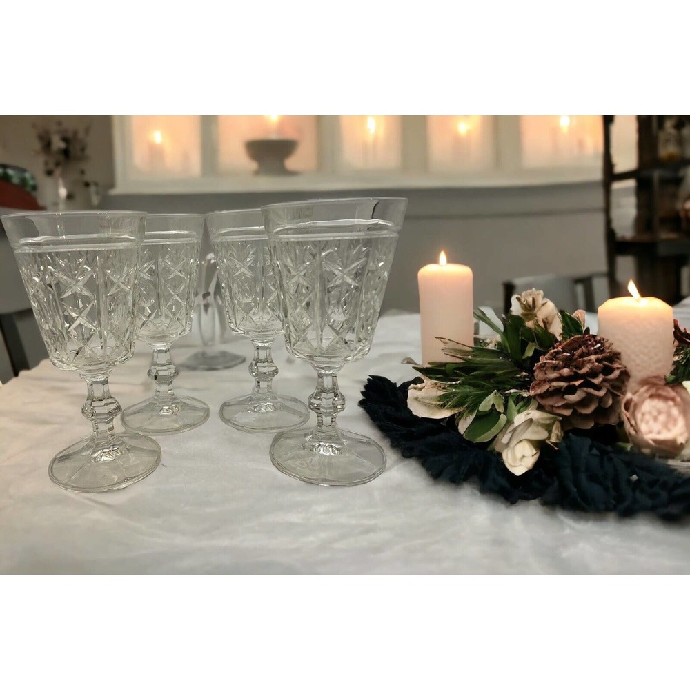 4 Vintage by Royal Crystal Rock “London” Pattern Wine or Water Glasses / Goblets